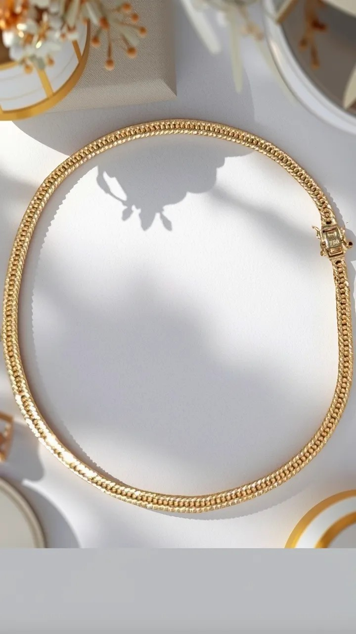Gold necklace on a white surface with decorative elements