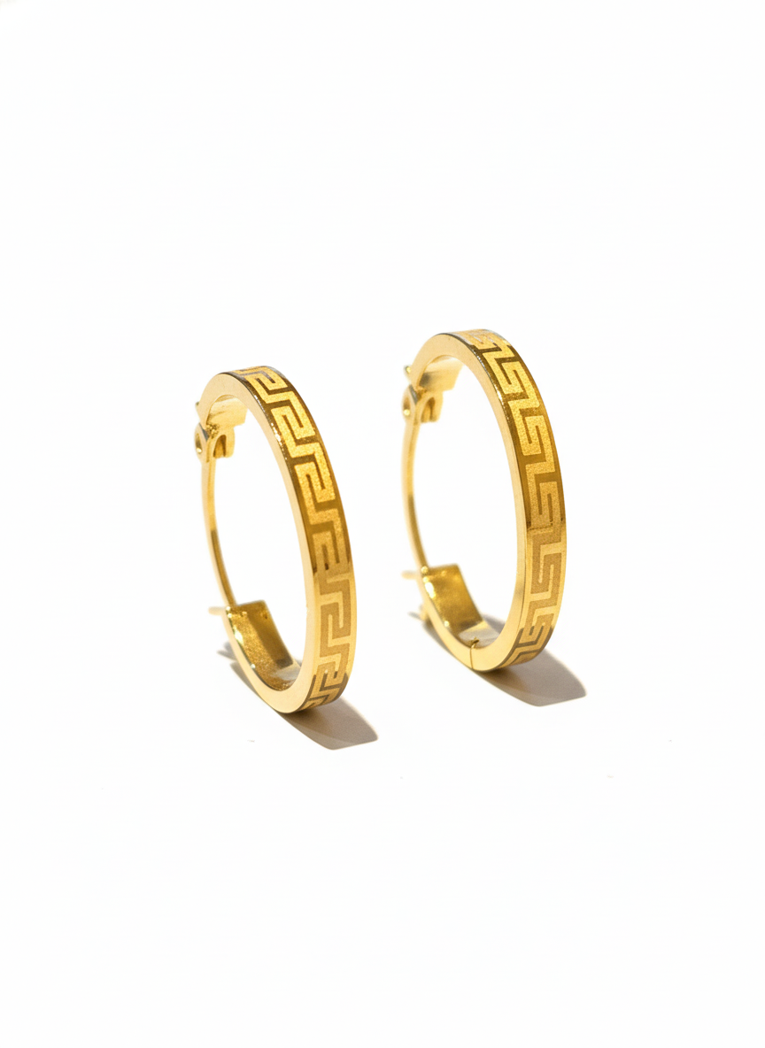 18K Solid Gold Greek Key Hoop Earrings