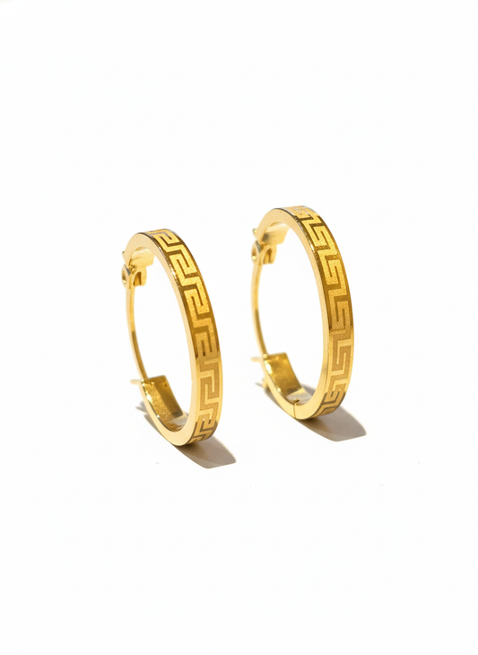 18K Solid Gold Greek Key Hoop Earrings