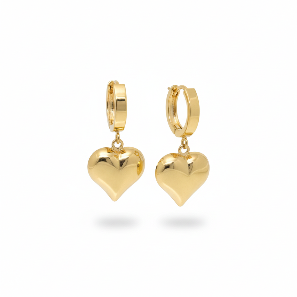 18K Solid Gold Loop Dangling Heart Earrings