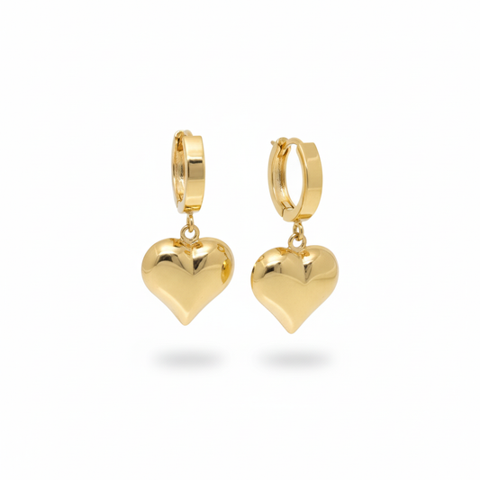 18K Solid Gold Loop Dangling Heart Earrings