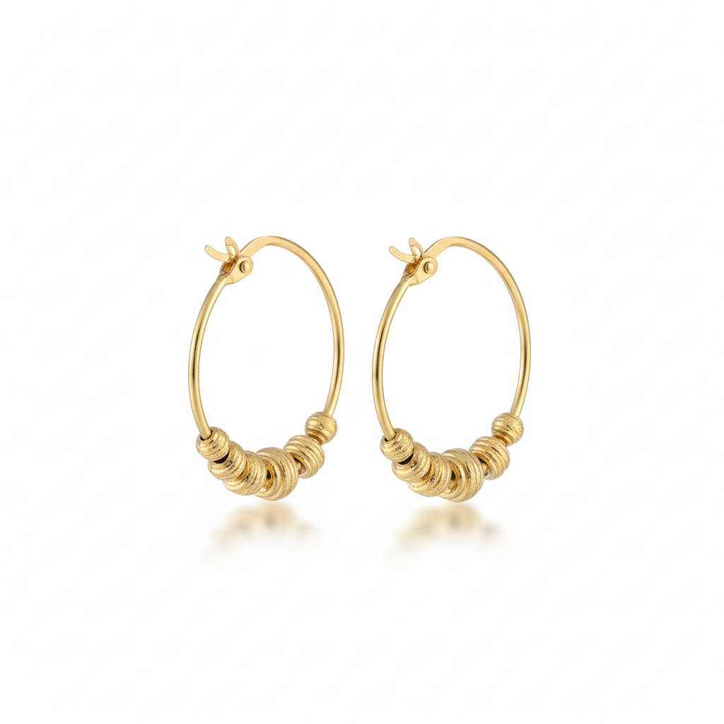 18K Solid Gold Loop Earrings with Bead Accents