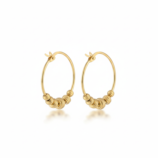 18K Solid Gold Loop Earrings with Bead Accents